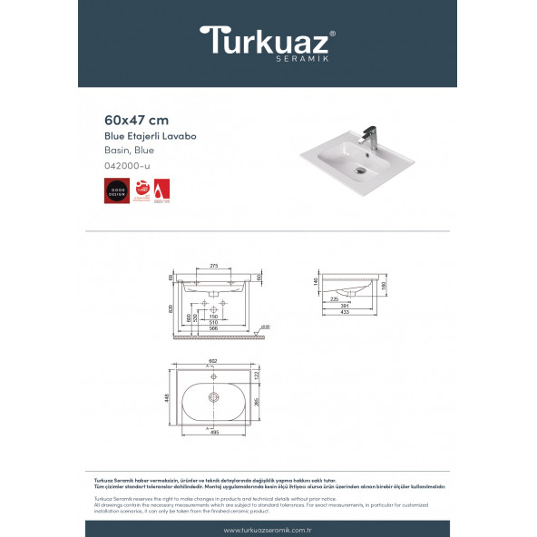 Turkuaz Seramik Cerastyle Blue Serisi 60 x 47 Cm Etajerli Lavabo - 6