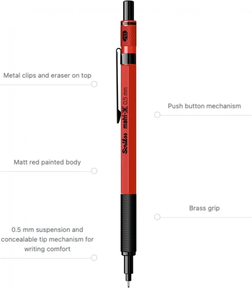 Scrikss Matrix 0.5mm Mekanik Kurşun Kalem Kırmızı - Resim 3