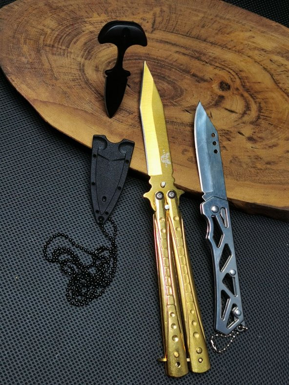 21cm Gold Renk Kelebek ve 17cm Manuel Paslanmaz Çelik Çakı Seti