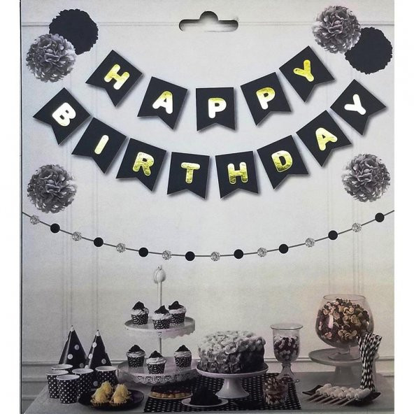 Siyah Üzeri Gold Happy Birthday Banner