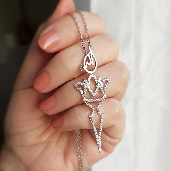 Vaoov 925 Ayar Gümüş Allah Yazılı Taç Kolye - Resim 3