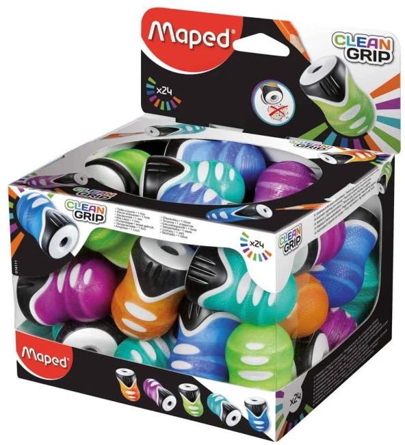 Maped Kalemtraş Clean Grip Tek Delikli Plastik Hazneli Kalemtıraş (24 Lü Paket)