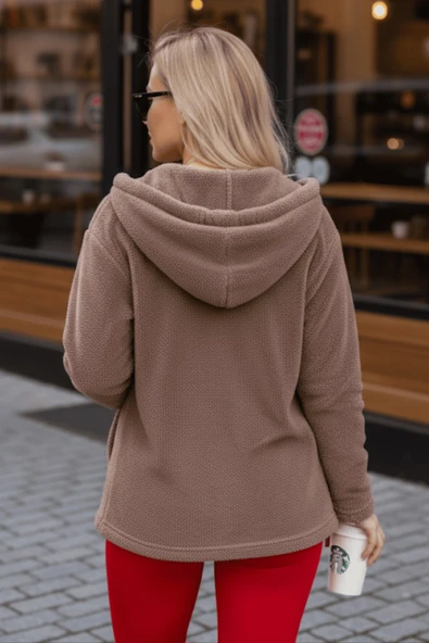 Kadın Vizon Peluş Kalın Fermuarlı Kapüşonlu Cepli Ceket 23KCKTMY50 - 6