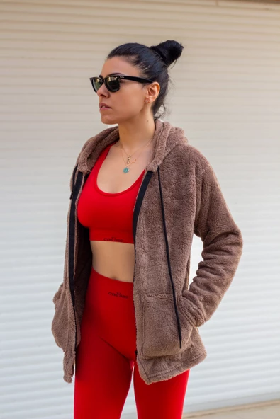 Kadın Vizon Peluş Kalın Fermuarlı Kapüşonlu Cepli Ceket 23KCKTMY50 - 7