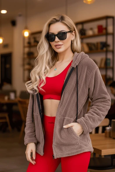 Kadın Vizon Peluş Kalın Fermuarlı Kapüşonlu Cepli Ceket 23KCKTMY50 - 4