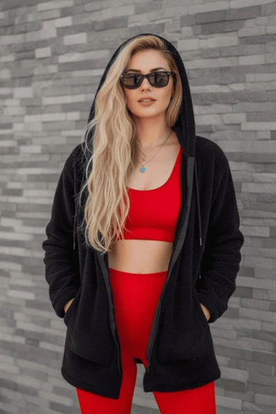 Kadın Siyah Peluş Kalın Fermuarlı Kapüşonlu Cepli Ceket 23KCKTMY50