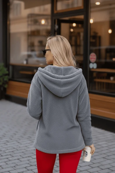 Kadın Gri Peluş Kalın Fermuarlı Kapüşonlu Cepli Ceket 23KCKTMY50 - Resim 7