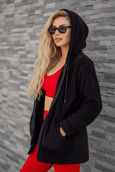 Kadın Siyah Peluş Kalın Fermuarlı Kapüşonlu Cepli Ceket 23KCKTMY50 - 4