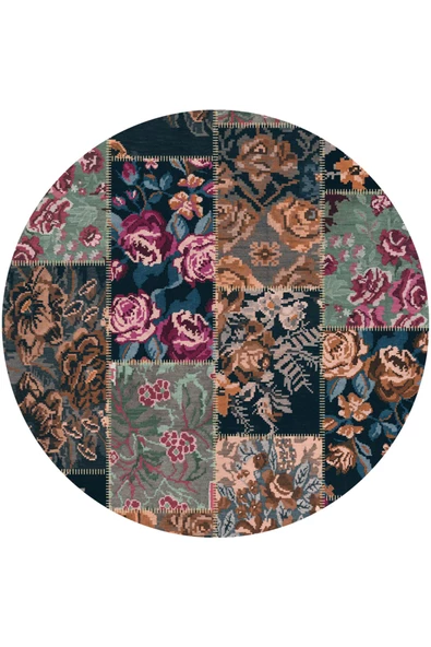 Patchwork Desen Dokuma Pamuk Taban Dijital Dekoratif Yuvarlak Halı  VİZON 120X120