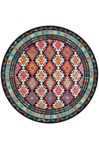 Frenda Home Renkli Kilim Desen Pamuk Taban Yuvarlak Halı  SİYAH 160X160