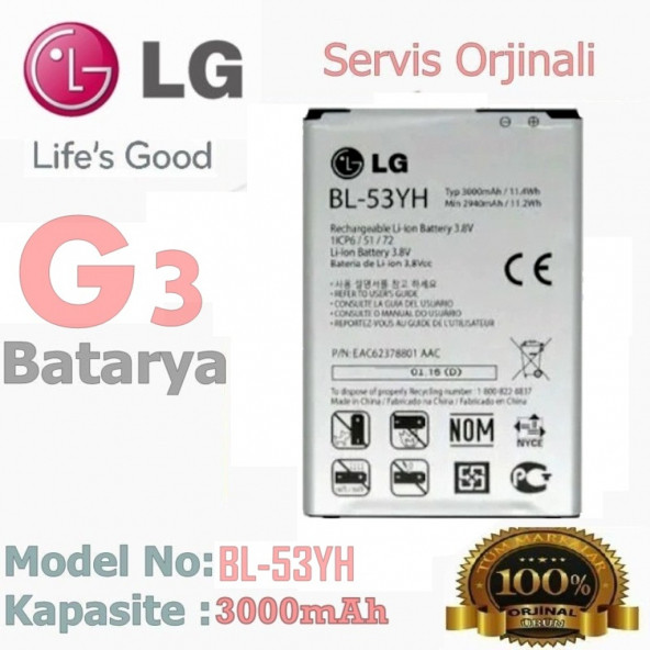 LG G3 Batarya D855 D693 BL-53YH Sytlus Uyumlu Yedek Batarya