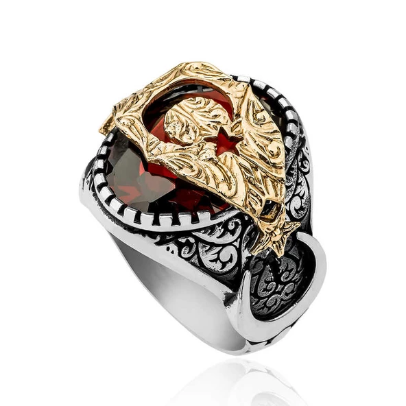 Gümüş Kırmızı Fasetli Taşlı Ay Yıldız Erkek Yüzük SL3602 - Resim 2