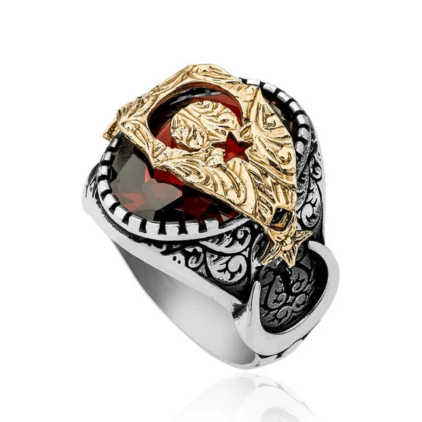 Gümüş Kırmızı Fasetli Taşlı Ay Yıldız Erkek Yüzük SL3602 - Resim 4