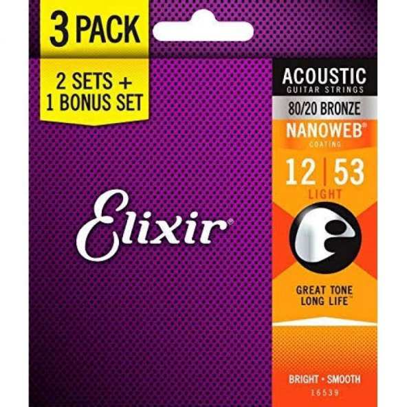 Elixir 16539 Nanoweb Bronze 3lü Akustik Gitar Teli (12-53)