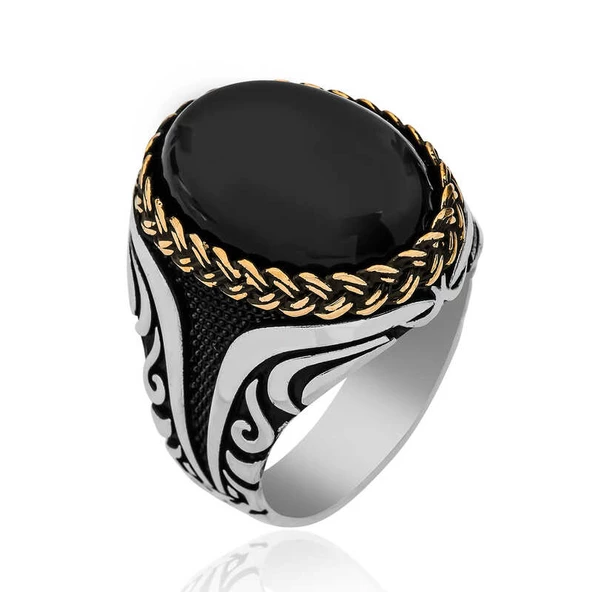 ​Gümüş Oniks Taşlı Desenli Erkek Yüzük  SL4803 - Resim 2