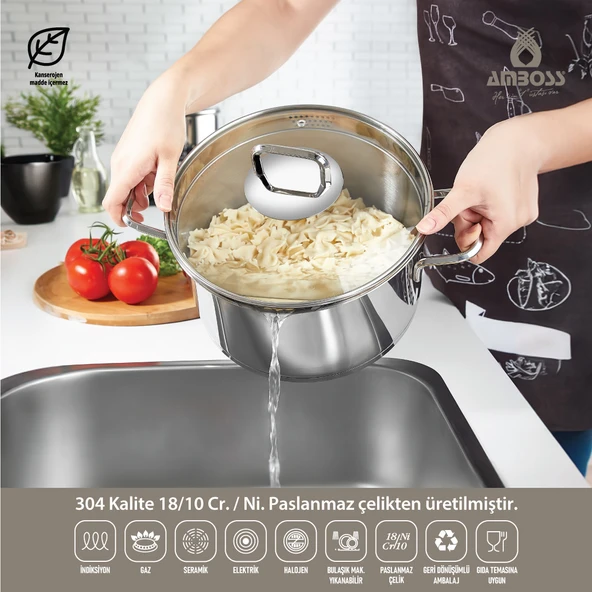 Diamond Strainer Paslanmaz Çelik Cam Kapaklı 8 Parça Tencere Seti - 3