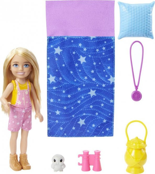 Barbie Chelseanin Kamp Macerası Oyun Seti HDF77 (15 cm, Sarışın Bebek), Hayvan Arkadaşı Baykuş, Uyku Tulumu, Dürbün ve Kamp Aksesuarları, 3-7 Yaş Arası