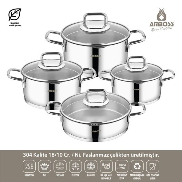 Diamond Strainer Paslanmaz Çelik Cam Kapaklı 8 Parça Tencere Seti - 2