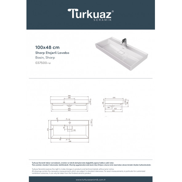 Cerastyle Turkuaz Sharp Etajerli Lavabo 100x48 Cm - 6