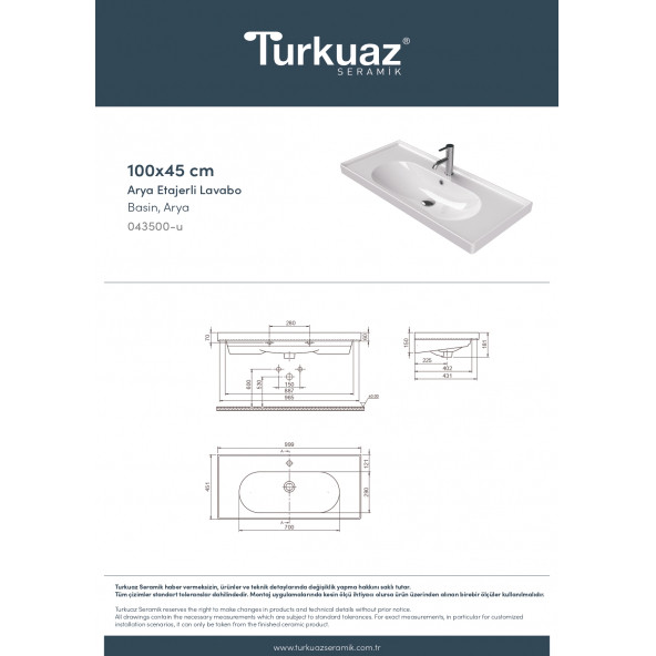 Turkuaz Seramik Cerastyle Arya Serisi 100 x 45 Cm Etajerli Lavabo - 5