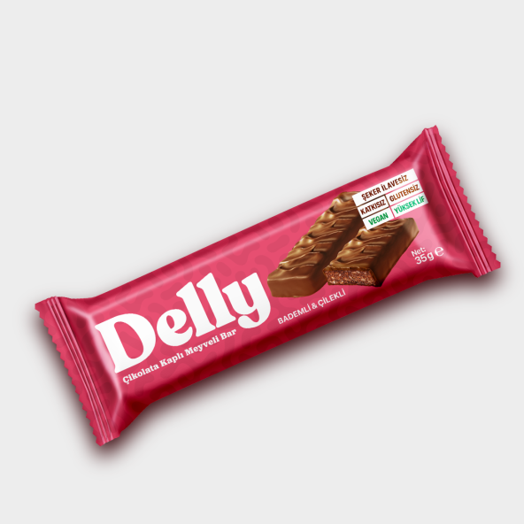 DELLY Çikolata Kaplı - Bademli & Çilekli Meyveli Bar 35g X 12 Adet