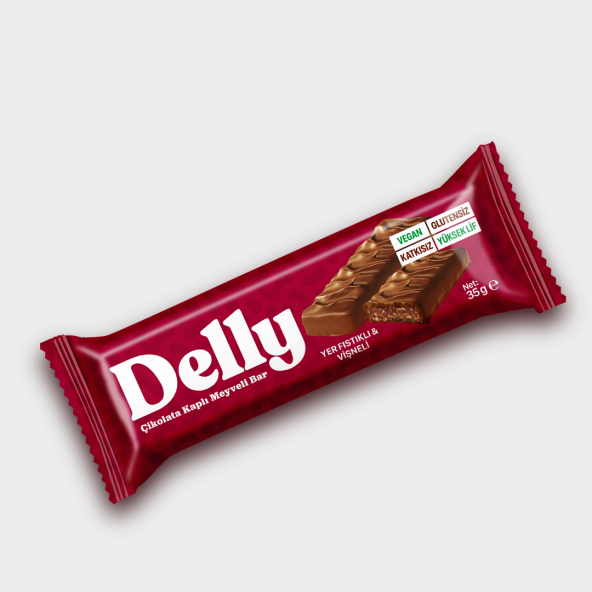 DELLY Çikolata Kaplı - Yer Fıstıklı & Vişneli Meyveli Bar 35g X 12 Adet