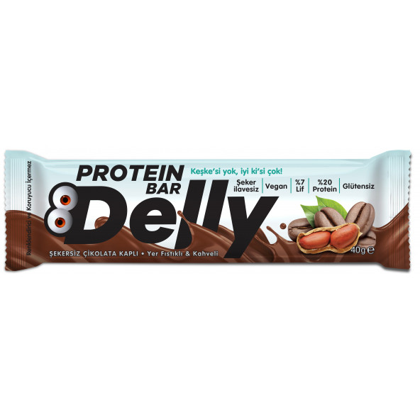 DELLY Şeker İlavesiz Çikolata Kaplı - Yer Fıstıklı & Kahveli Protein Bar 40g (12 ADET)