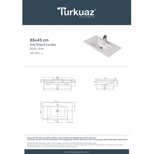 Turkuaz Cerastyle Arte Etajer Uyumlu Lavabo 85x45 cm - 5