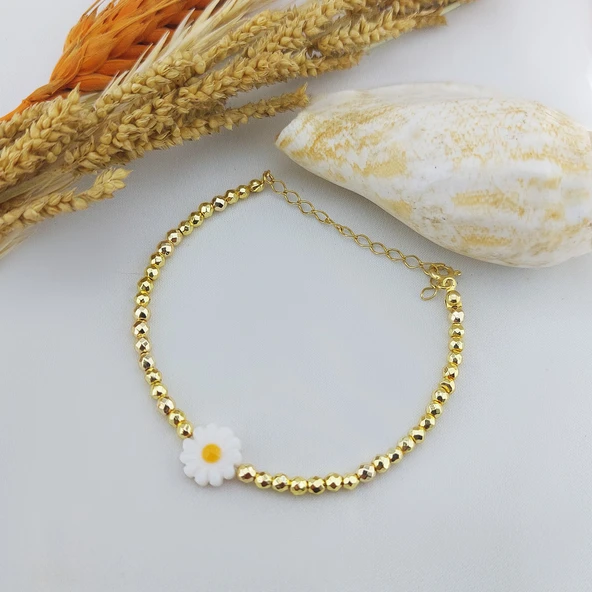 Vaoov 925 Ayar Gümüş Hematit Taşlı Papatya Bileklik - Resim 2