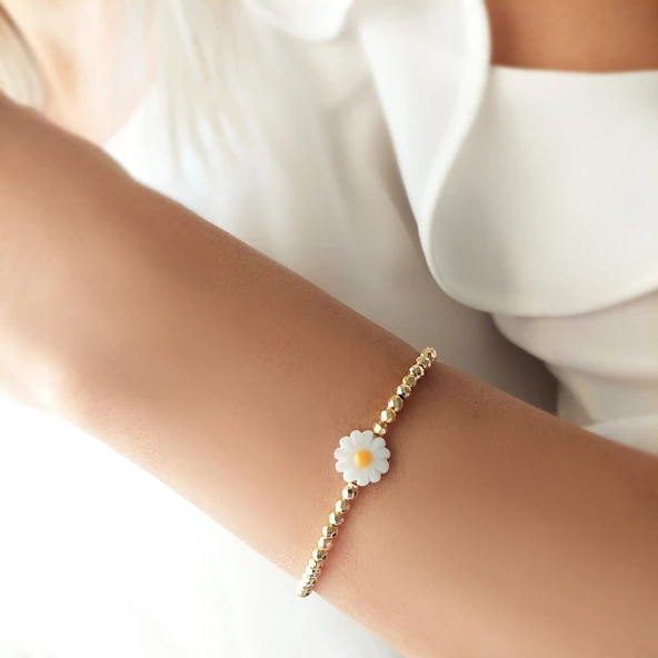 Vaoov 925 Ayar Gümüş Hematit Taşlı Papatya Bileklik - Resim 3