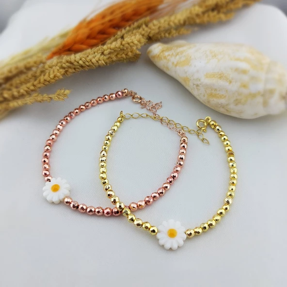 Vaoov 925 Ayar Gümüş Hematit Taşlı Papatya Bileklik - Resim 4