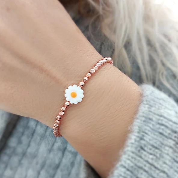 Vaoov 925 Ayar Gümüş Hematit Taşlı Rose Papatya Bileklik ürün görseli