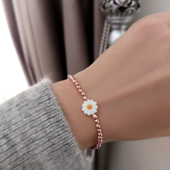 Vaoov 925 Ayar Gümüş Hematit Taşlı Rose Papatya Bileklik - Resim 3