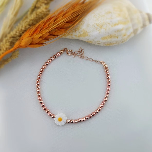 Vaoov 925 Ayar Gümüş Hematit Taşlı Rose Papatya Bileklik - Resim 2