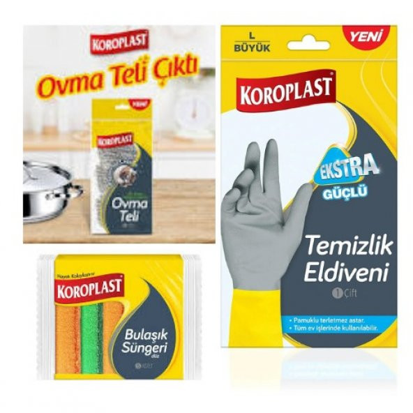 Koroplast temizlik eldiveni ekstra güçlü L büyük boy 5 li oluklu sünger yeni ovma teli