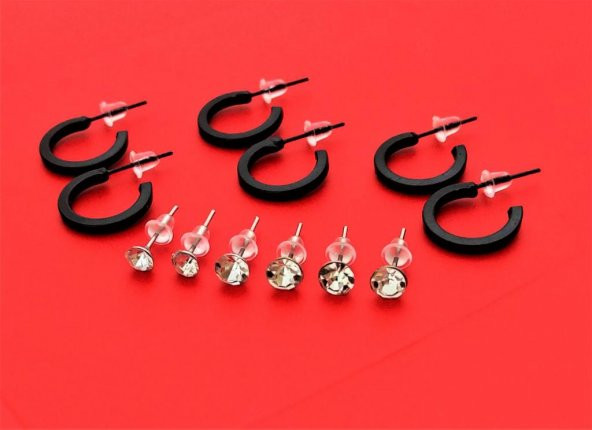 SİYAH 12 MM 3 ÇİFT HALKA VE 3 ÇİFT 5 MM TEK TAŞ KÜPE TOPLAM 6 ÇİFT KOMBİN KÜPE ÇOKLU KÜPE-KK171 - 2