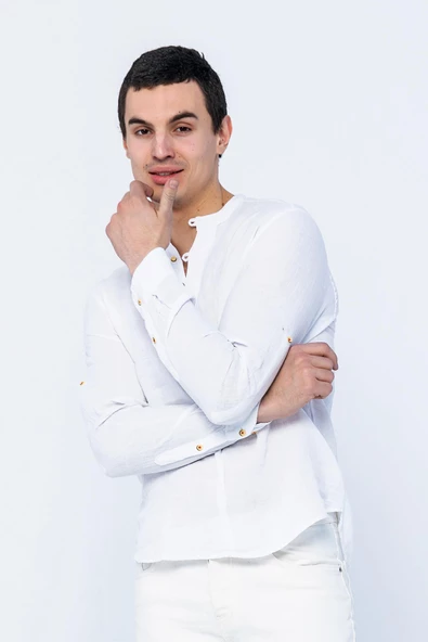 Erkek Regular Fit Yarım Patlı Düğmeli %100 Keten Uzun Kollu ve Katlama Kollu Gömlek - 6