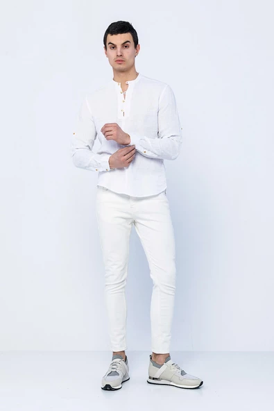 Erkek Regular Fit Yarım Patlı Düğmeli %100 Keten Uzun Kollu ve Katlama Kollu Gömlek - 9