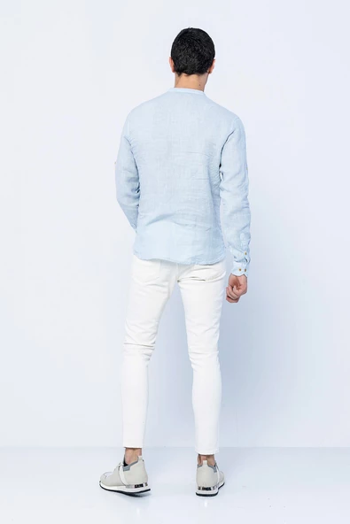 Erkek Regular Fit Yarım Patlı Düğmeli %100 Keten Uzun Kollu ve Katlama Kollu Gömlek - 11