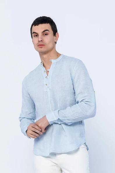 Erkek Regular Fit Yarım Patlı Düğmeli %100 Keten Uzun Kollu ve Katlama Kollu Gömlek - 10