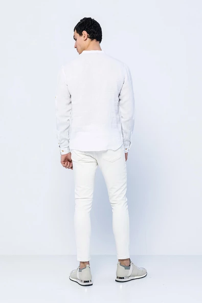 Erkek Regular Fit Yarım Patlı Düğmeli %100 Keten Uzun Kollu ve Katlama Kollu Gömlek - 4