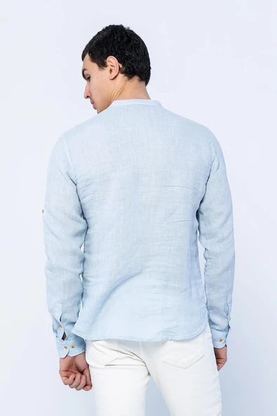 Erkek Regular Fit Yarım Patlı Düğmeli %100 Keten Uzun Kollu ve Katlama Kollu Gömlek - 12