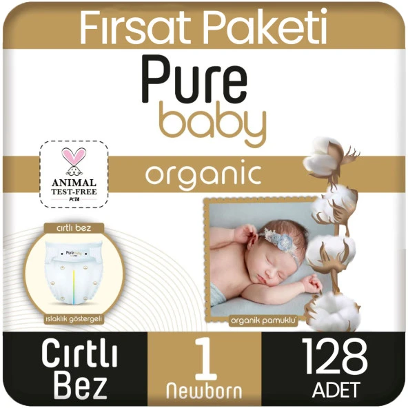 Pure Baby Organik Pamuklu Bebek Bezi 1 Beden Yenidogan 64*2 128 Adet - 1