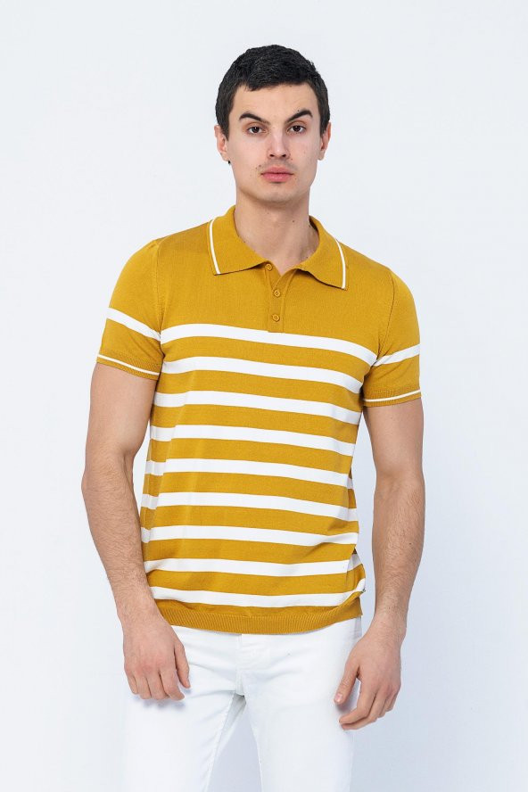 Erkek Regular Fit Polo Yaka Düğmeli Enine Çizgili Örme Triko Kısa Kollu T-Shirt