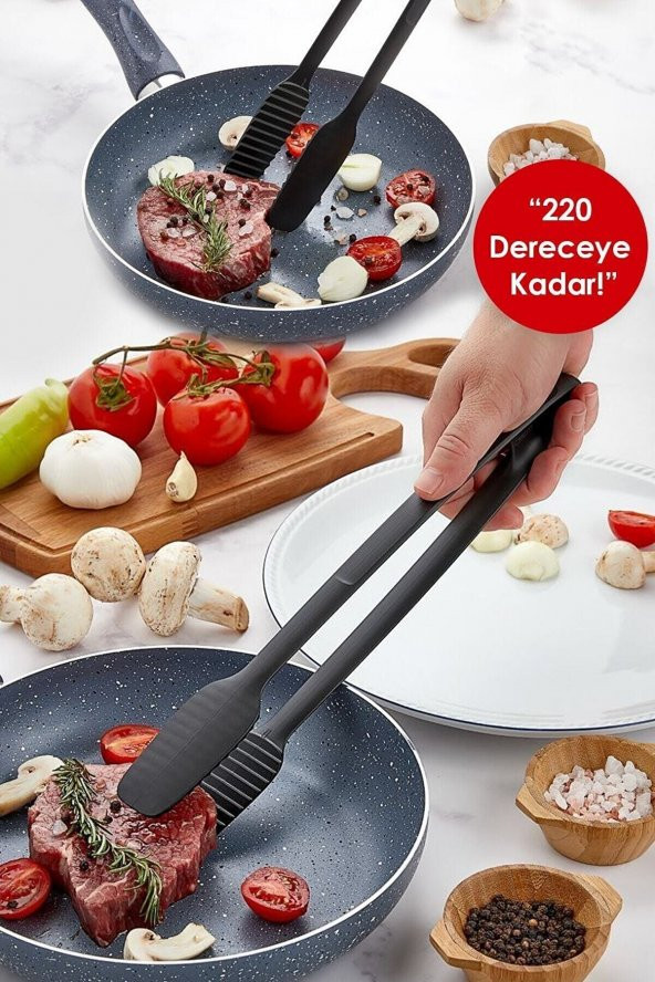 Siyah Servis Ve Izgara Maşası 220 Derece Dayanıklı Yanmaz Yapışmaz Silikon Maşa Kaymaz Barbekü Maşa