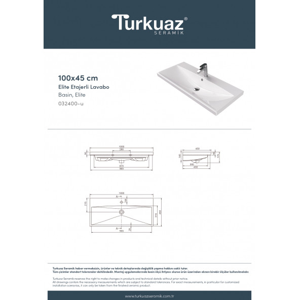 Turkuaz Seramik Cerastyle Elite Serisi 100 x 45 Cm Etajerli Lavabo - 5