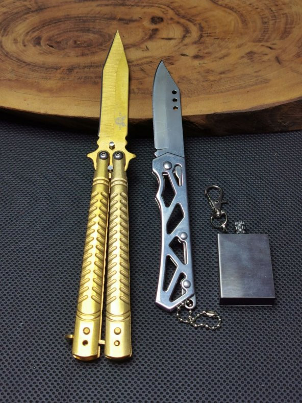 BİLTEK SHOP 21cm Gold Renk kelebek Kamp Çakı ve Manel Cep Çakısı İle Beraber