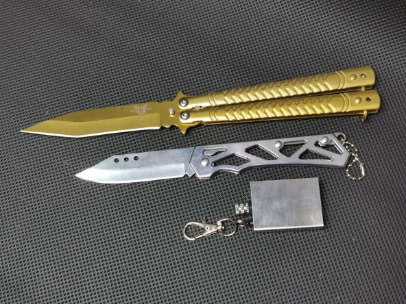 BİLTEK SHOP 21cm Gold Renk Kelebek ve 17cm Manuel Paslanmaz Çelik Çakı Seti