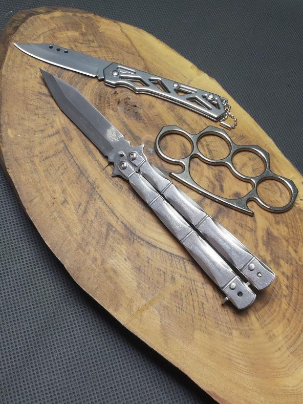 BİLTEK SHOP 21 cm Gümüş Paslanmaz Çelik Kelebek 3lü Set Çakı