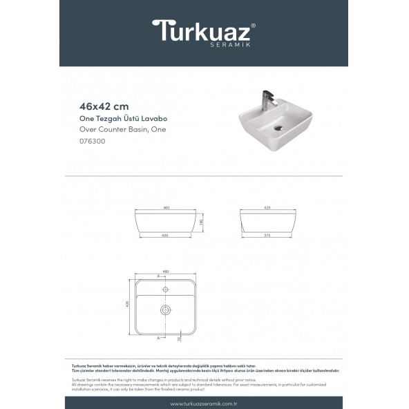 Turkuaz Seramik Cerastyle One Serisi 46 x 42 Tezgah Üstü Çanak Lavabo - 3